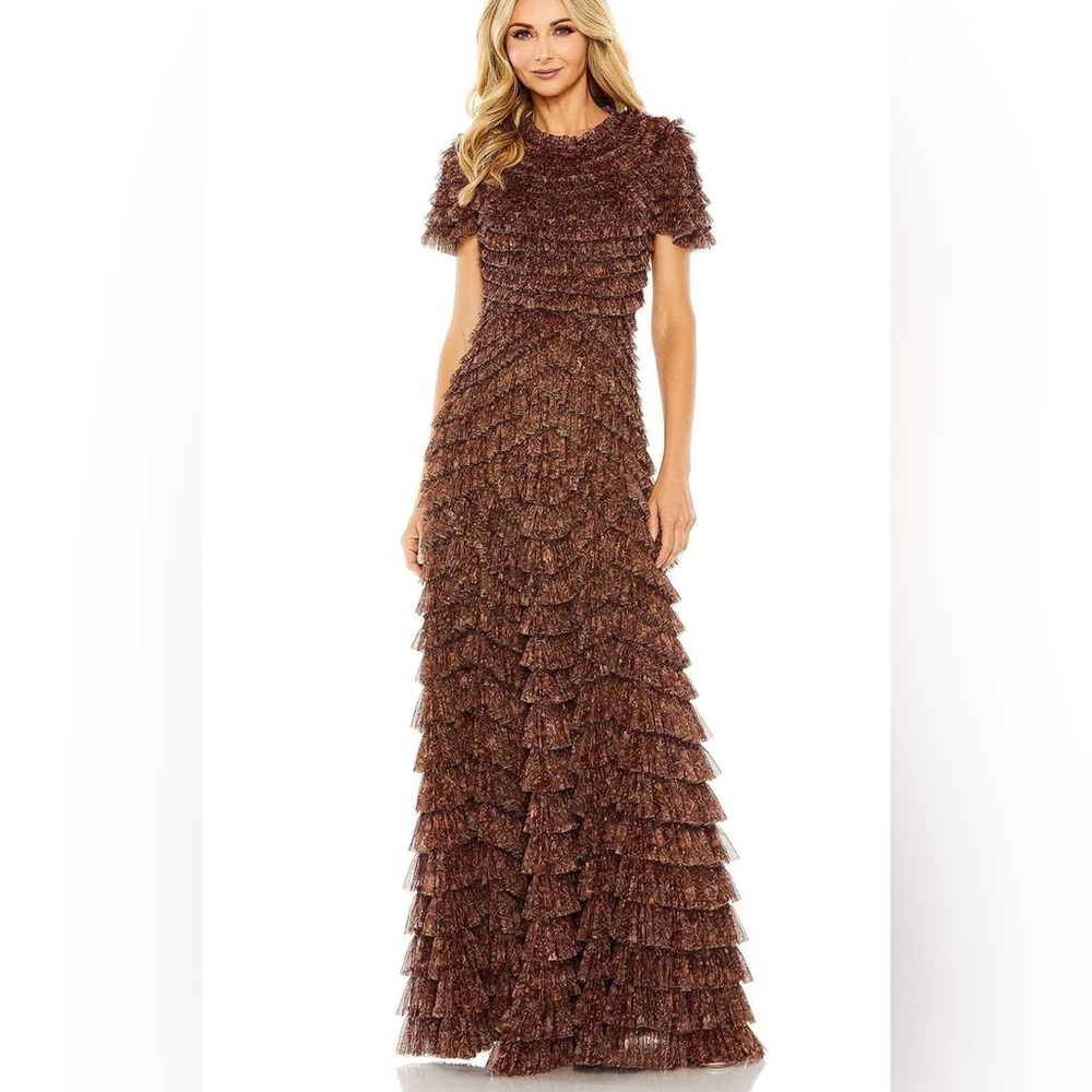 Mac Duggal Copper-Brown Ruffle Tiered Maxi Dress